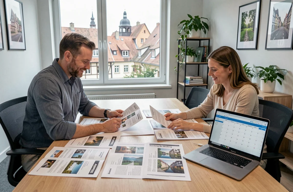 Deux professionnels comparant des offres et tarifs de photographes à Obernai autour d'une table de réunion moderne