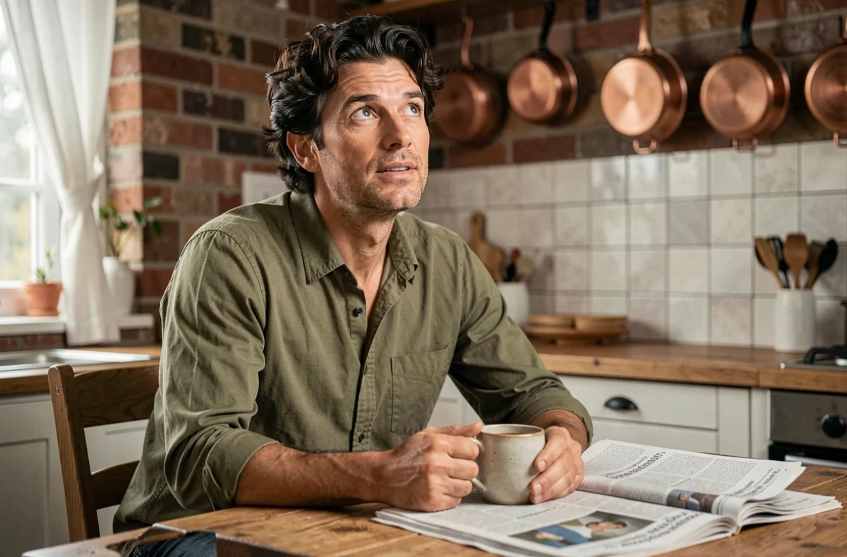 Homme discret en train de prendre son café dans une cuisine authentique, symbole du conjoint méconnu d'une personnalité télévisuelle