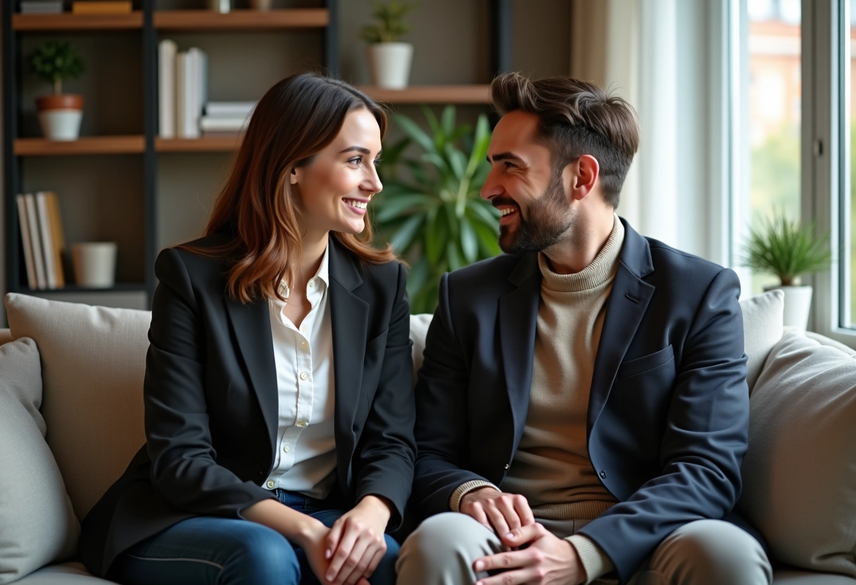 Femme et homme discutant dans un salon moderne