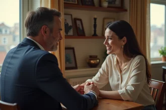 Homme et femme discutent dans un salon chaleureux