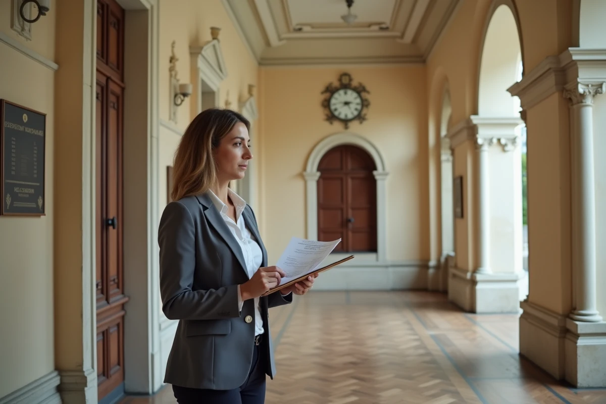 Coordinatrice de mariage consultant un planning dans le couloir d'une mairie pour optimiser la durée de la cérémonie civile