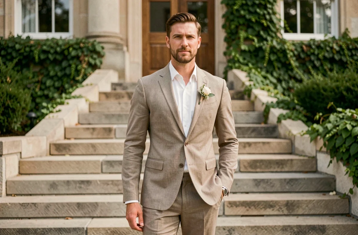 Homme en costume lin taupe élégant sur les marches d'une mairie pour un mariage civil