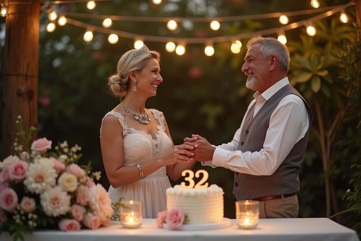 Couple d'âge moyen souriant lors d'une fête d'anniversaire de mariage
