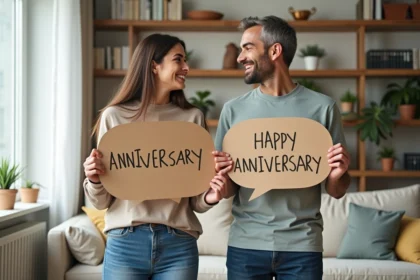 Couple souriant avec pancartes anniversaire dans le salon