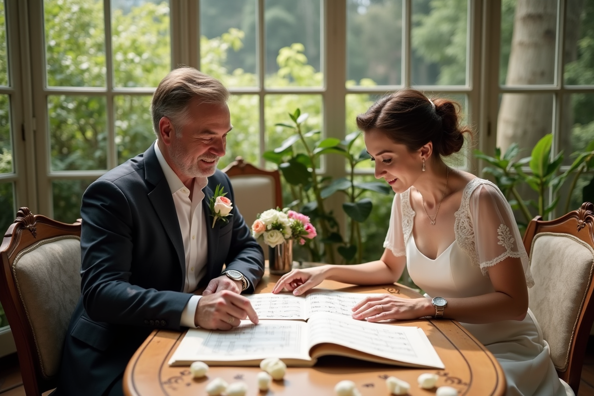 Couple de mariés feuilletant des partitions dans un conservatoire
