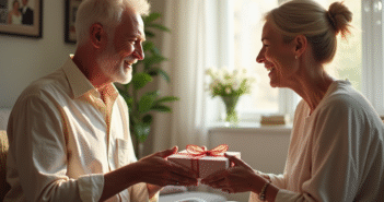 Couple mature échangeant des cadeaux dans un salon lumineux