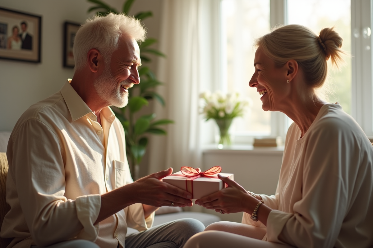 Couple mature échangeant des cadeaux dans un salon lumineux