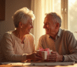 Couple mature échangeant des cadeaux à la maison avec lumière dorée
