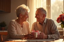 Couple mature échangeant des cadeaux à la maison avec lumière dorée