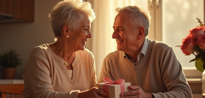 Couple mature échangeant des cadeaux à la maison avec lumière dorée