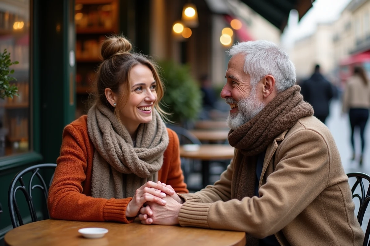 Couple souriant dans un café parisien en automne