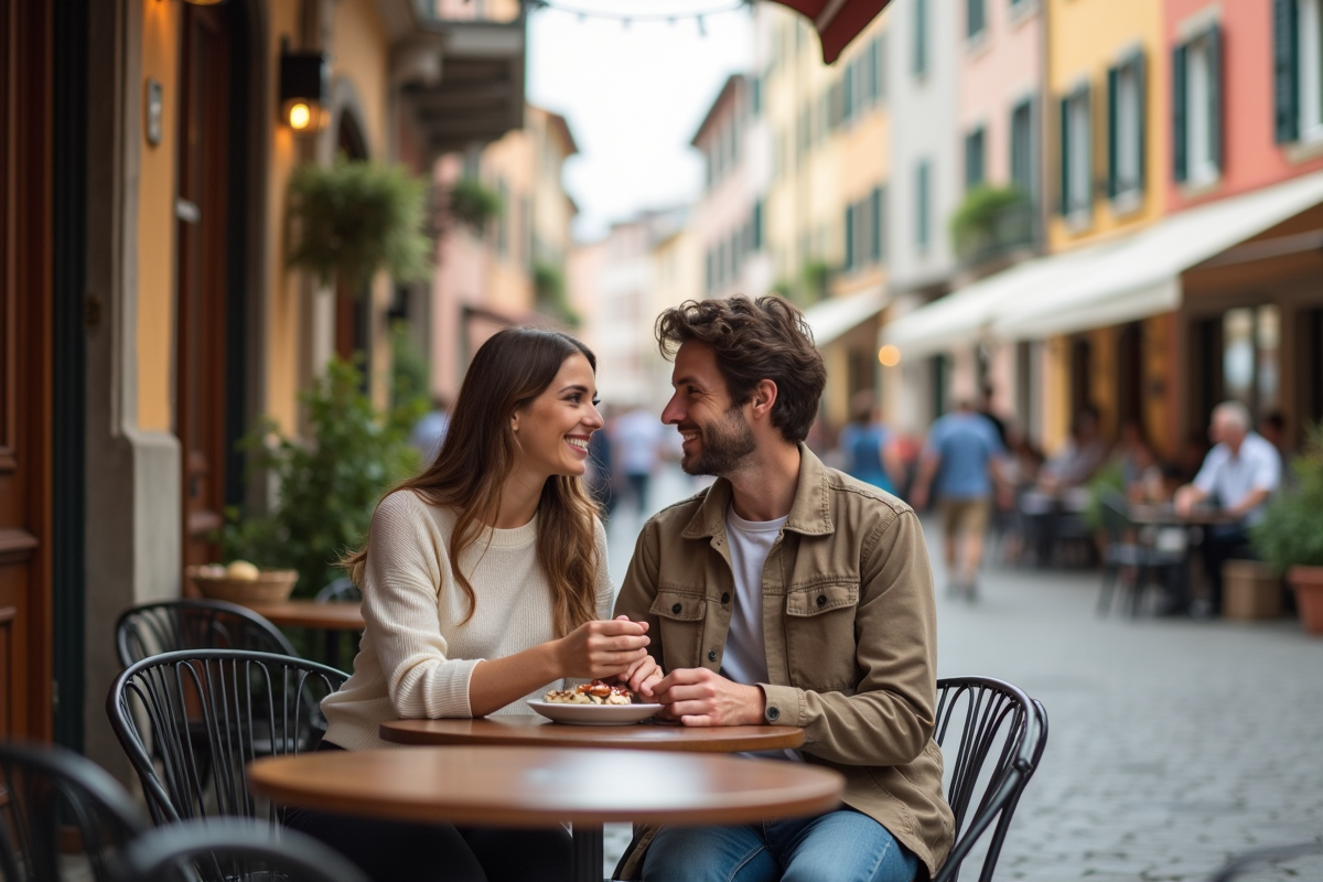 Jeune couple au café en ville romantique