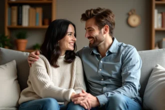 Couple assis sur un canapé dans un intérieur chaleureux