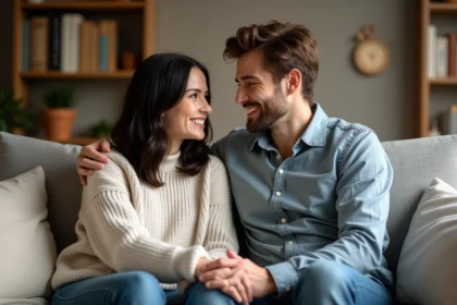 Couple assis sur un canapé dans un intérieur chaleureux