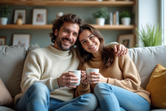 Couple marié souriant dans un salon chaleureux