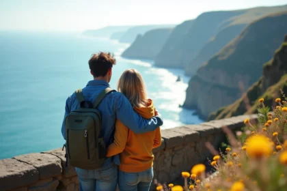 Couple en voyage regardant la mer au bord de la falaise