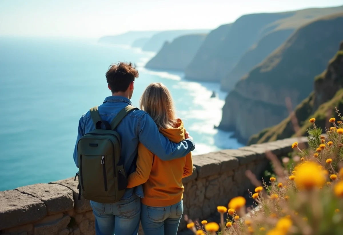 Couple en voyage regardant la mer au bord de la falaise