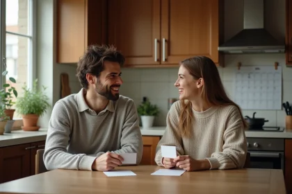 Jeune couple souriant avec cartes dans une cuisine chaleureuse