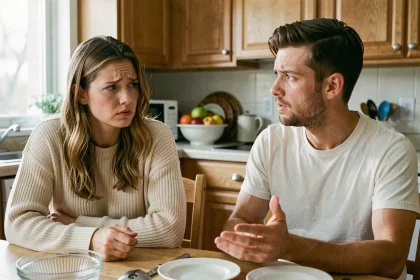 Couple en désaccord à la table de cuisine deux mois après le mariage, illustrant les erreurs de communication à éviter en couple