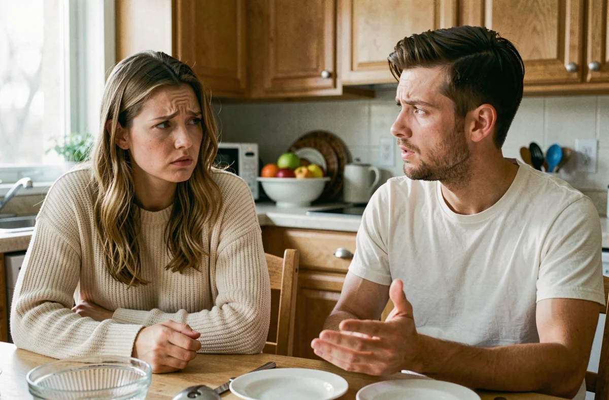 Couple en désaccord à la table de cuisine deux mois après le mariage, illustrant les erreurs de communication à éviter en couple
