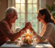 Couple mature souriant lors d'un dîner romantique élégant