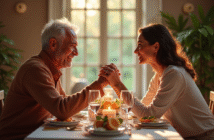 Couple mature souriant lors d'un dîner romantique élégant
