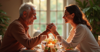 Couple mature souriant lors d'un dîner romantique élégant