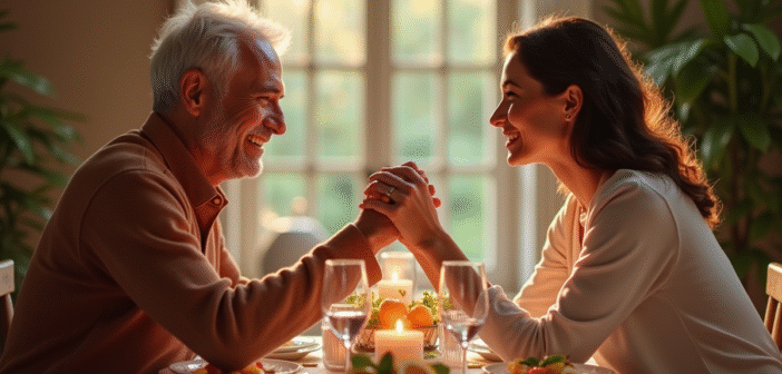 Couple mature souriant lors d'un dîner romantique élégant