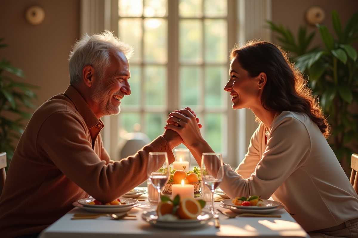 Couple mature souriant lors d'un dîner romantique élégant