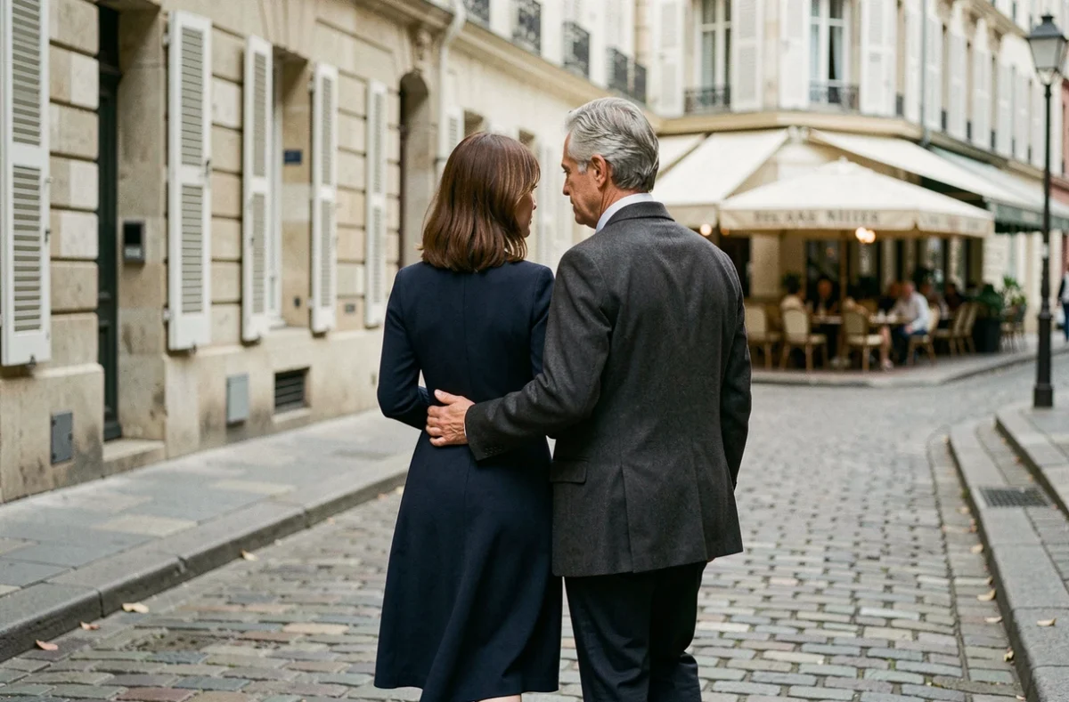 Couple discret marchant main dans la main sur des pavés parisiens, illustrant la vie amoureuse loin des projecteurs médiatiques