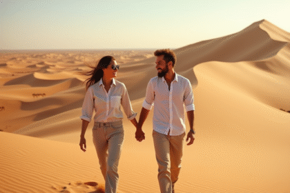 Couple souriant marchant dans les dunes de Namib