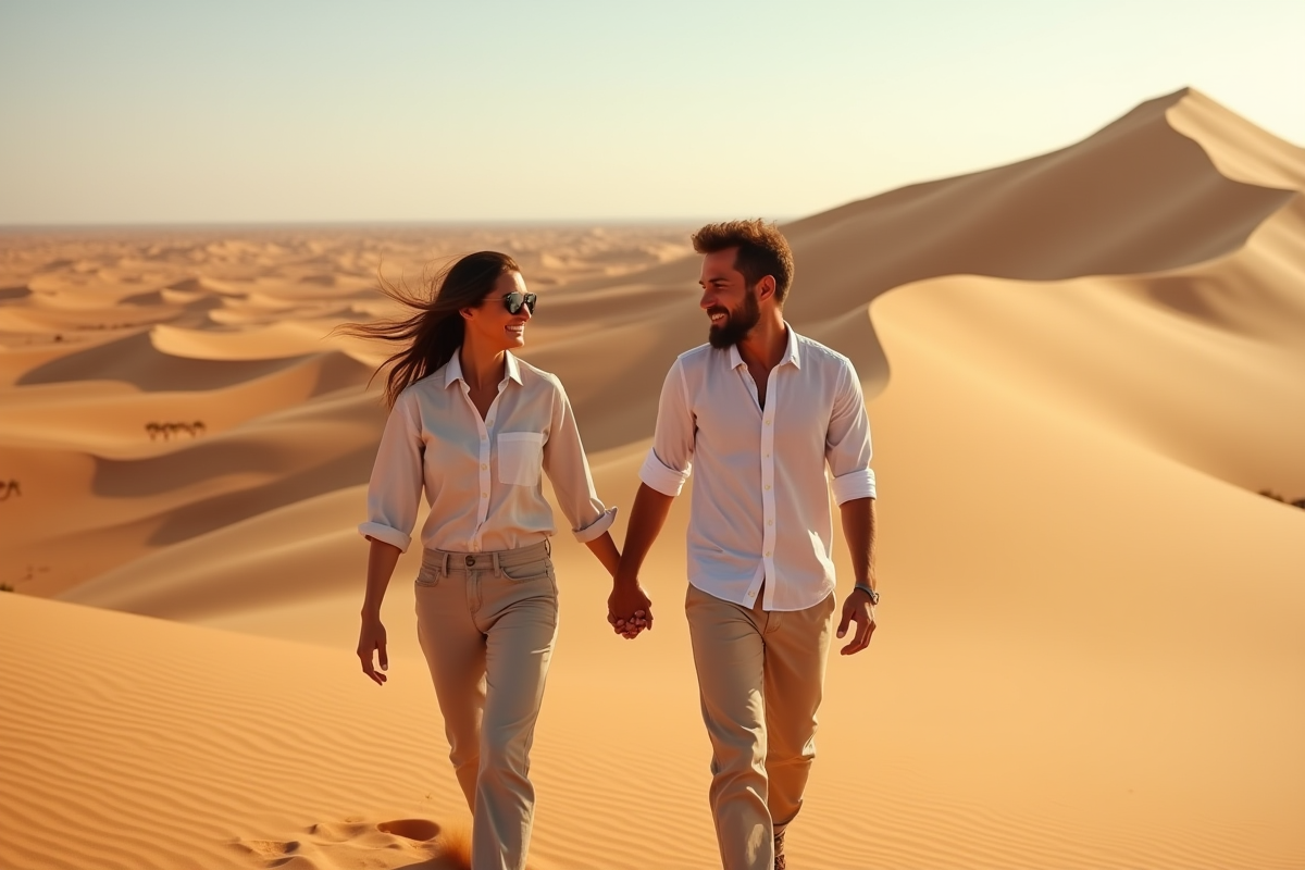 Couple souriant marchant dans les dunes de Namib