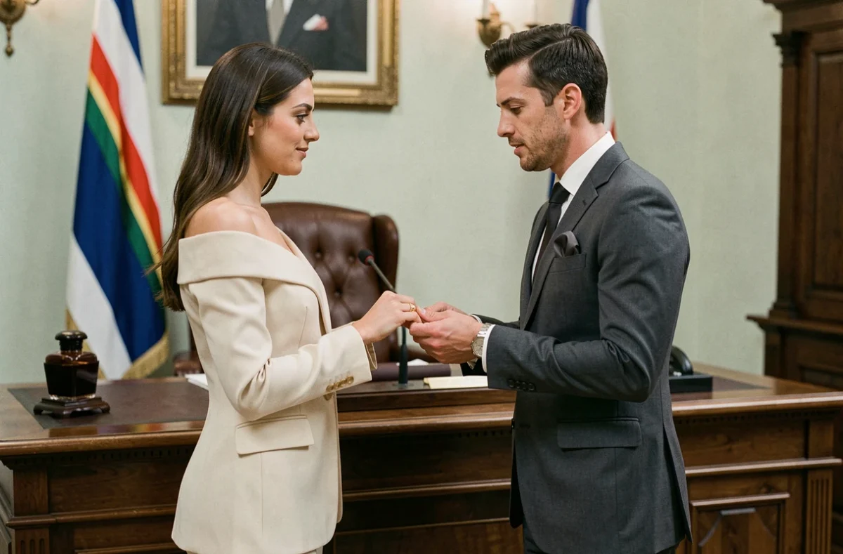 Couple échangeant leurs alliances lors d'un mariage civil élégant en mairie