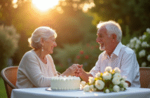 Couple agee souriant main dans la main dans le jardin