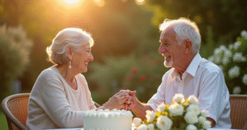 Couple agee souriant main dans la main dans le jardin