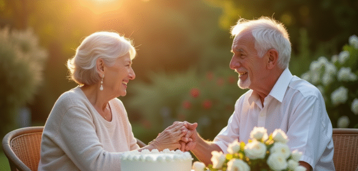 Couple agee souriant main dans la main dans le jardin
