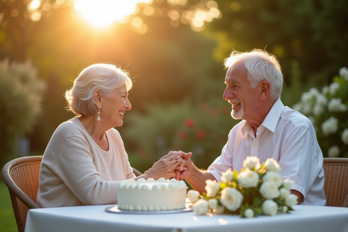 Couple agee souriant main dans la main dans le jardin