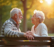 Couple agee tenant main dans un parc ensoleille