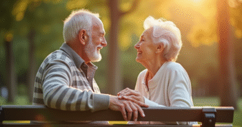 Couple agee tenant main dans un parc ensoleille