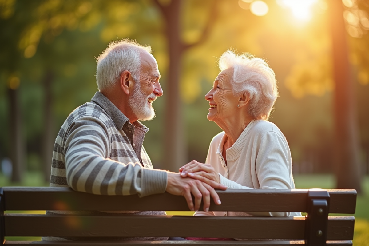 Couple agee tenant main dans un parc ensoleille