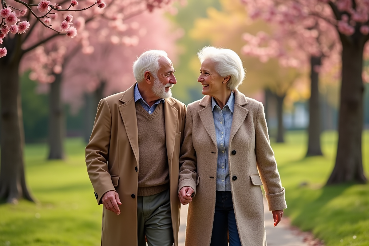 Couple âgé marchant dans un parc en fleurs au printemps