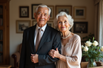 Couple âgé élégant en portrait dans un salon chaleureux