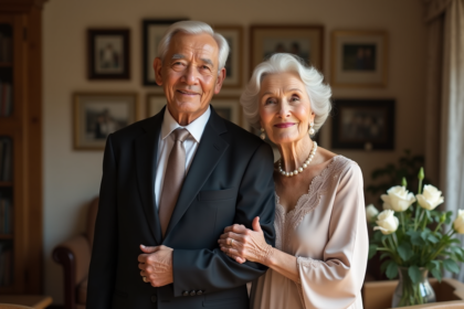 Couple âgé élégant en portrait dans un salon chaleureux