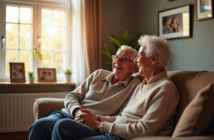Couple âgé riant dans un salon chaleureux