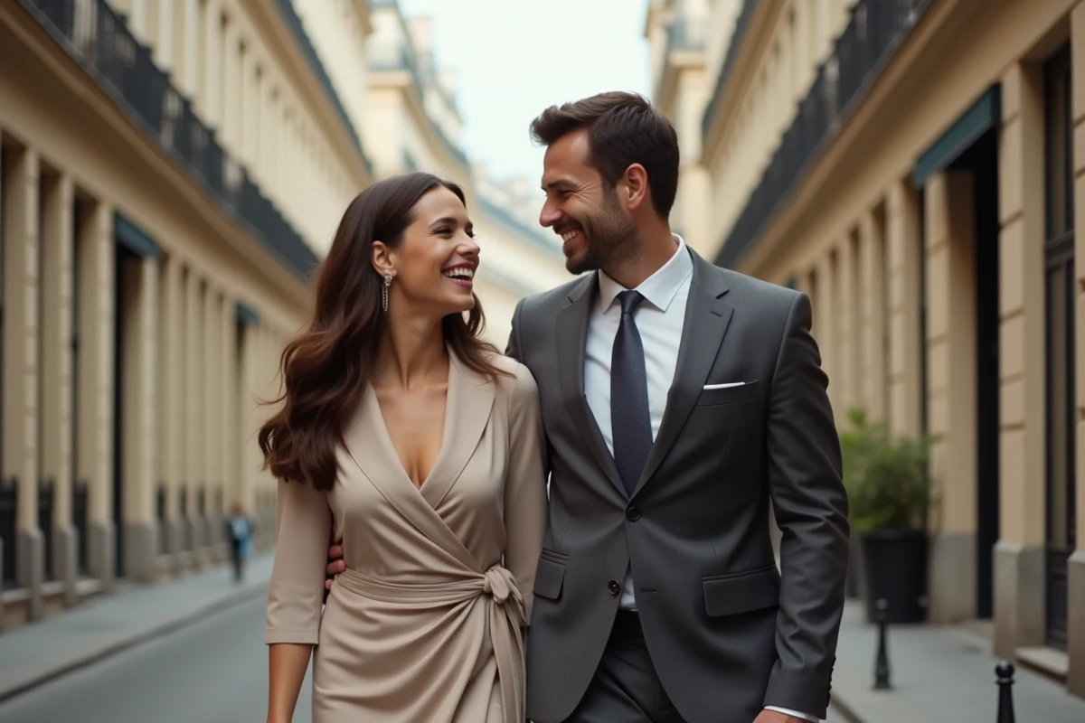 Couple élégant se promenant dans une rue parisienne aux façades haussmanniennes, ambiance romantique et complice