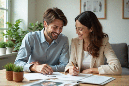 Jeune couple souriant avec invitations de mariage dans un salon lumineux