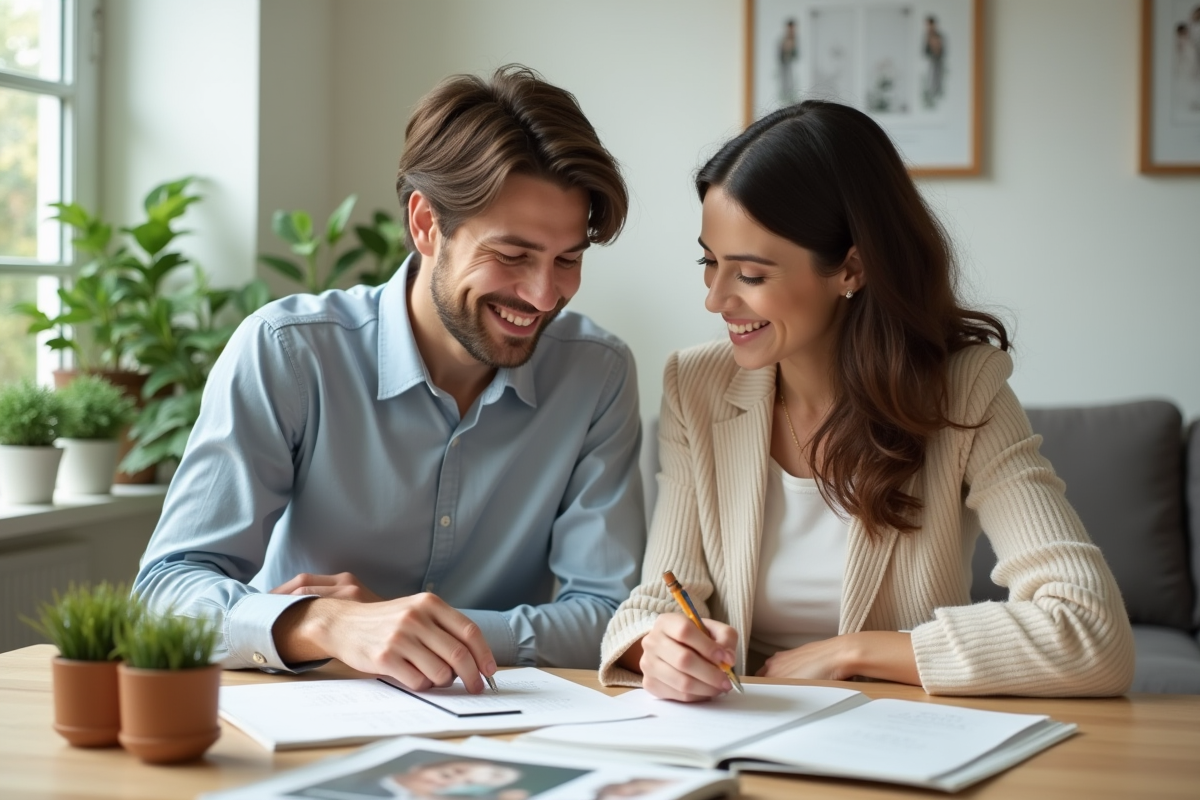 Jeune couple souriant avec invitations de mariage dans un salon lumineux