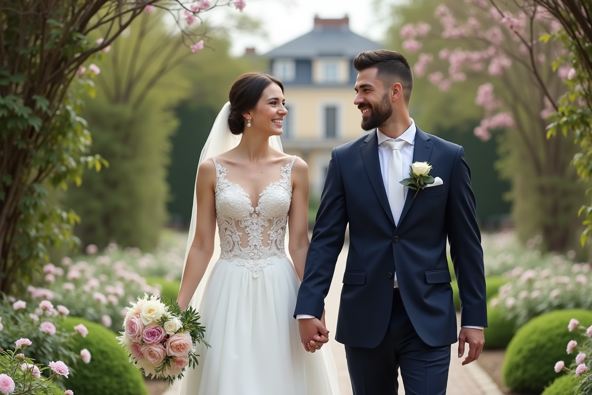 Couple souriant en mariage dans un jardin fleuri