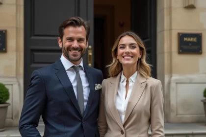 Couple souriant devant la mairie de Paris pour leur mariage
