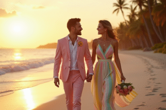 Jeune couple marié marchant main dans la main sur une plage tropicale au coucher du soleil